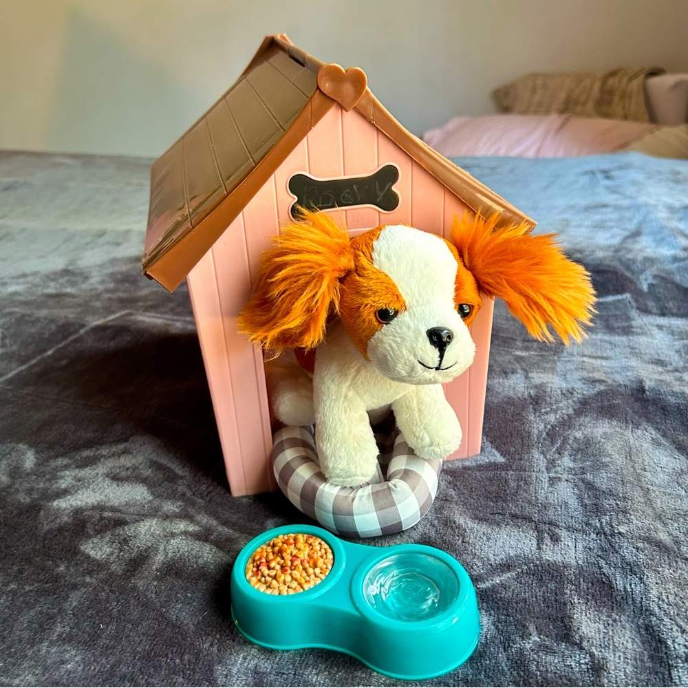 COPY - American girl dog w/ Our Generation dog house bed and food 18” doll toys